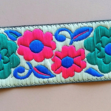 Beige, Green, Fuchsia Pink And Blue Thread Floral Embroidery One Yard Lace Trim 35mm Wide - 200317L134